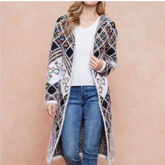 Anthropologie On Blue Hooded Duster Cardigan Colorful Diamond Pattern Knit - Picture 2 of 9